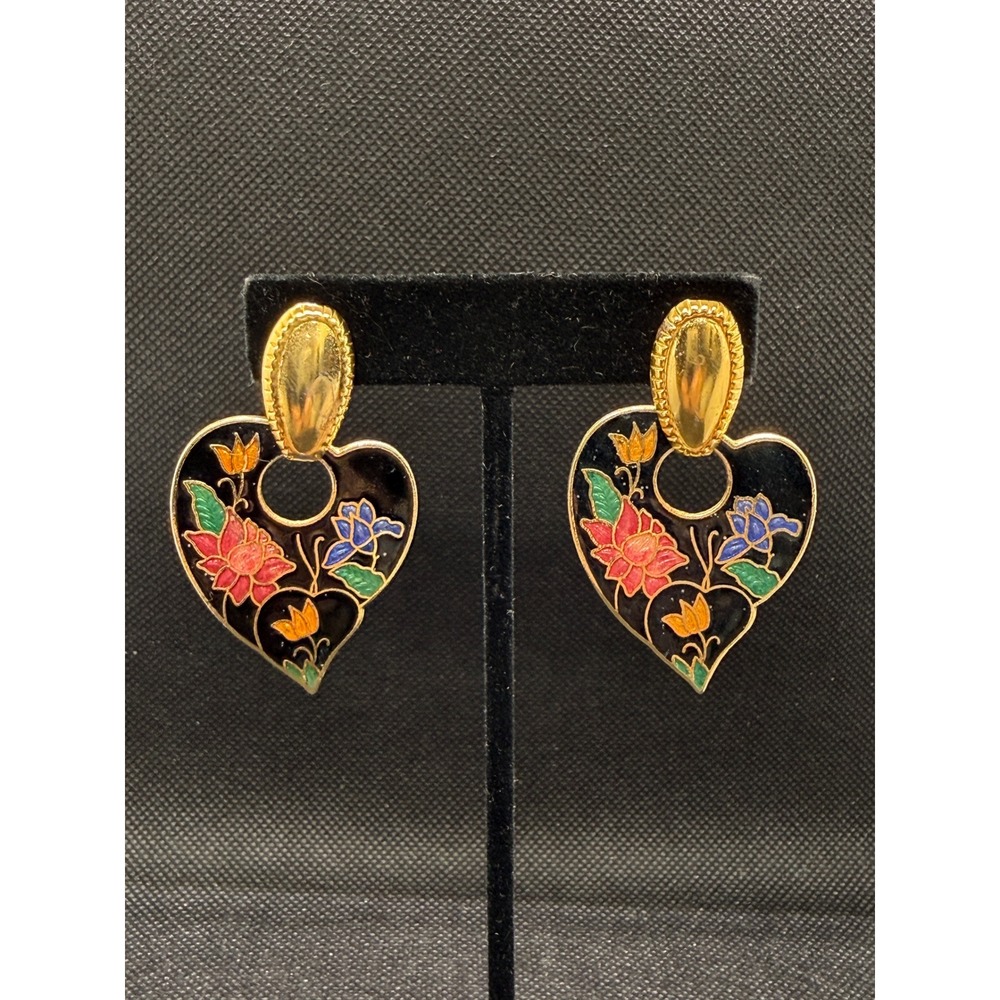Vintage Heart Floral Enamel Cloisonne Drop Earrings Gold Tone Black Statement